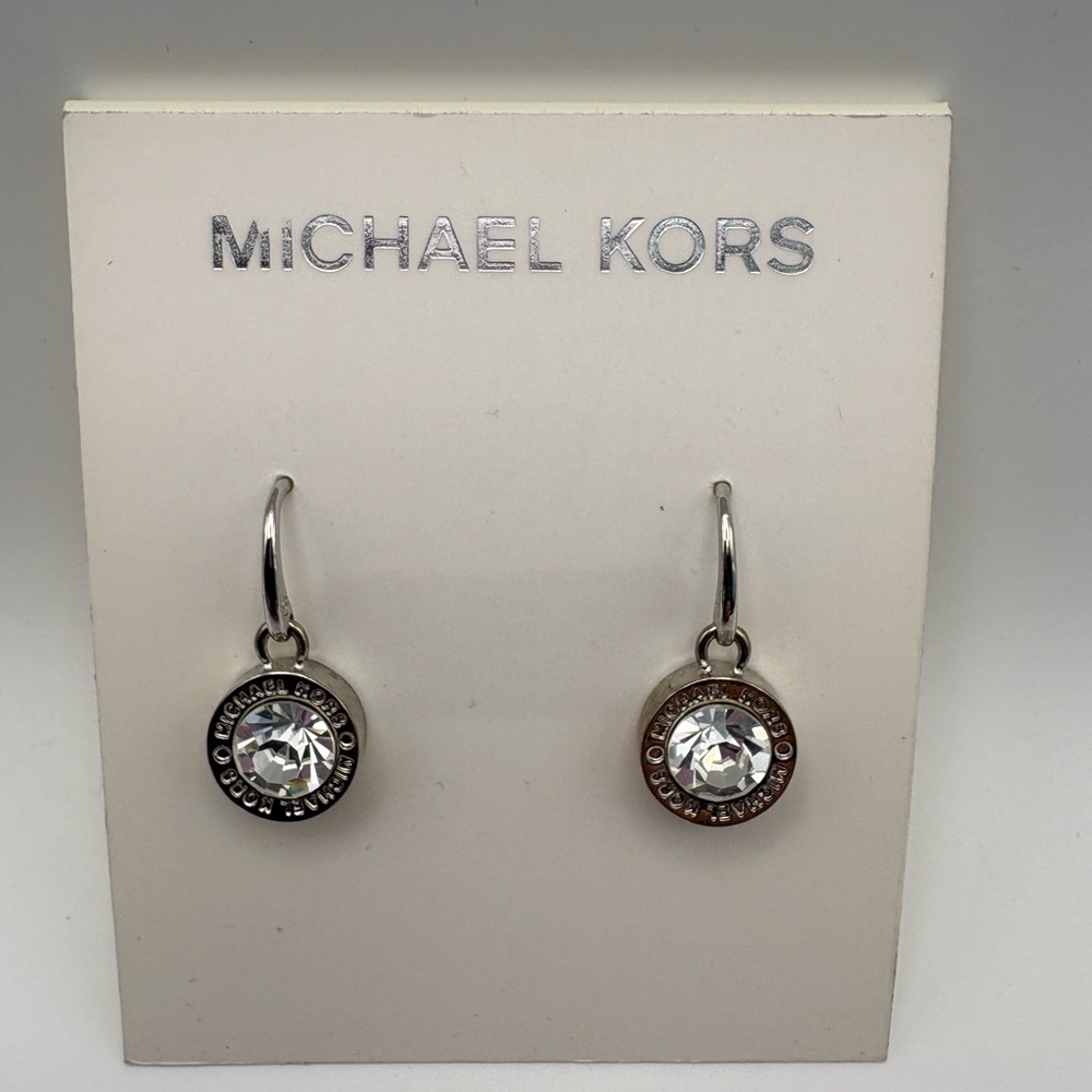 Michael Kors Silver-Tone Crystal Drop Earrings - Clear Round Center Stone